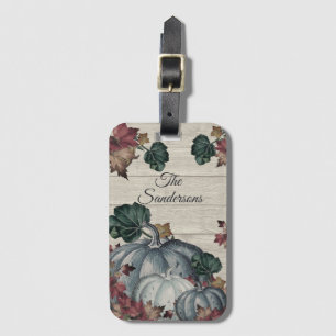 Rustic Dusty Blue Pumpkin Fall Leaves Grey Wood Luggage Tag