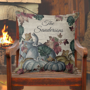 Rustic Dusty Blue Pumpkin Fall Leaves Wood Cushion