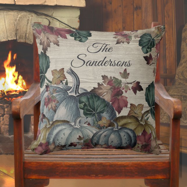 Rustic Dusty Blue Pumpkin Fall Leaves Wood Cushion (Creator Uploaded)