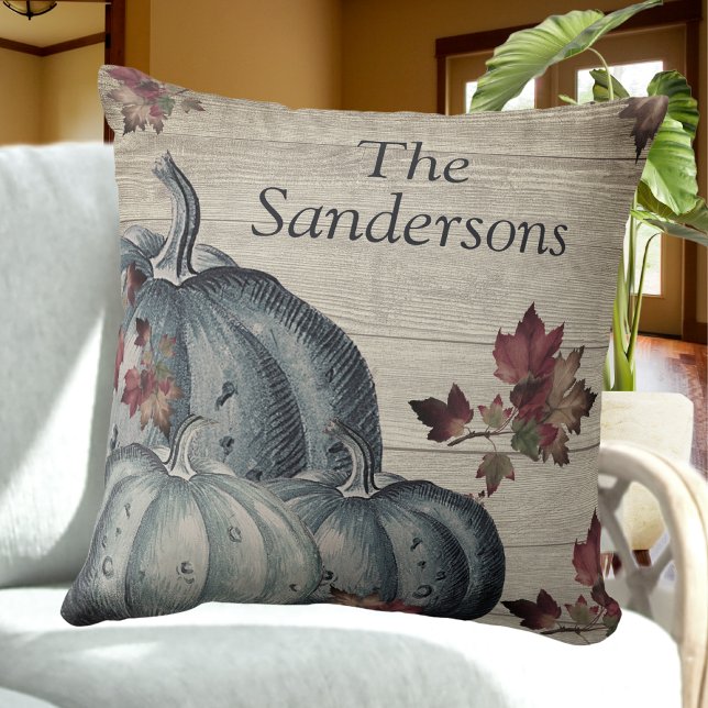 Rustic Dusty Blue Pumpkin Fall Leaves Wood  Cushion (Creator Uploaded)