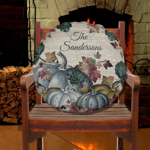 Rustic Dusty Blue Pumpkin Fall Leaves Wood  round Cushion