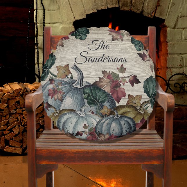 Rustic Dusty Blue Pumpkin Fall Leaves Wood  round Round Cushion (Creator Uploaded)
