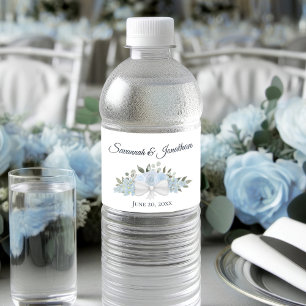 Rustic Dusty Blue Roses & Blossoms Wedding Water Bottle Label