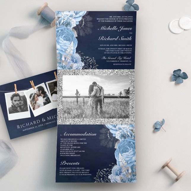 Rustic Dusty Blue Roses Floral Photo Navy Wedding Tri-Fold Invitation (Creator Uploaded)