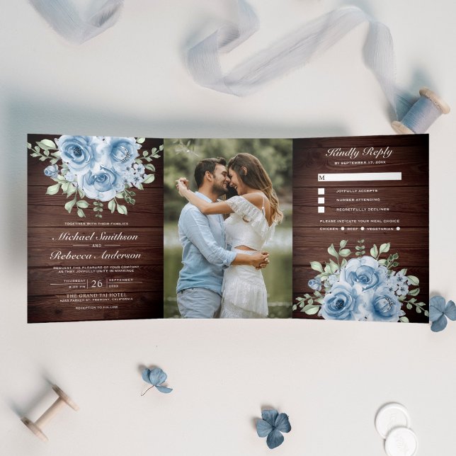 Rustic Dusty Blue Roses Photo Barn Wood Wedding Tri-Fold Invitation (Creator Uploaded)