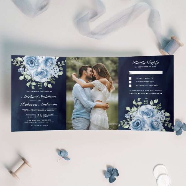 Rustic Dusty Blue Roses Photo Navy Blue Wedding Tri-Fold Invitation (Creator Uploaded)