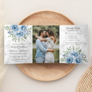 Rustic Dusty Blue Roses Photo White Marble Wedding Tri-Fold Invitation