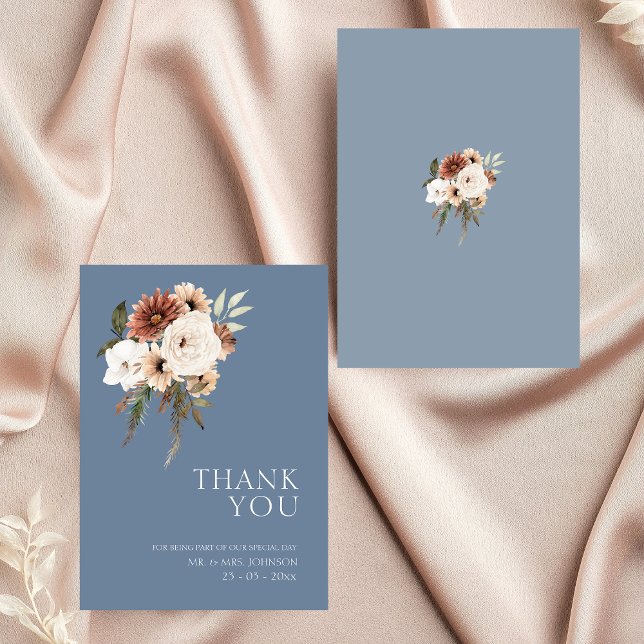 Rustic Dusty Blue Rust Floral Wedding Thank You Card (Elegant Dusty Blue Peach Floral Wedding Thank You)