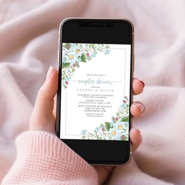 Rustic Dusty Blue Script Wildflower Couples Shower Invitation (Creator Uploaded)