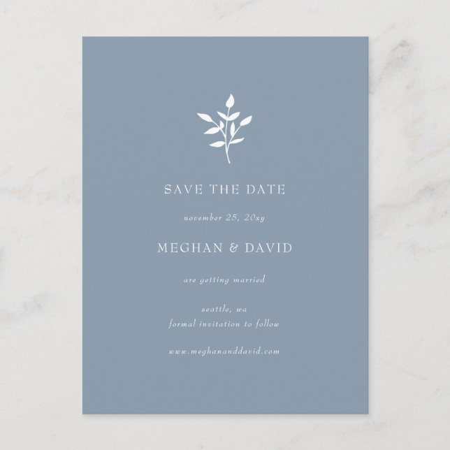 Rustic Dusty Blue Simple Botanical Save The Date Announcement Postcard (Front)