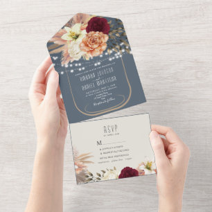 Rustic Dusty Blue String Lights Floral Wedding All In One Invitation