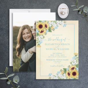 Rustic Dusty Blue Sunflower Floral Photo Wedding Invitation