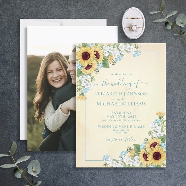 Rustic Dusty Blue Sunflower Floral Photo Wedding Invitation (Creator Uploaded)