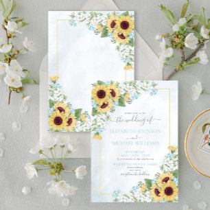 Rustic Dusty Blue Sunflower Floral Script Wedding Invitation