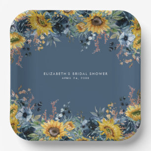 Rustic Dusty Blue Sunflowers Bridal Shower Paper Plate