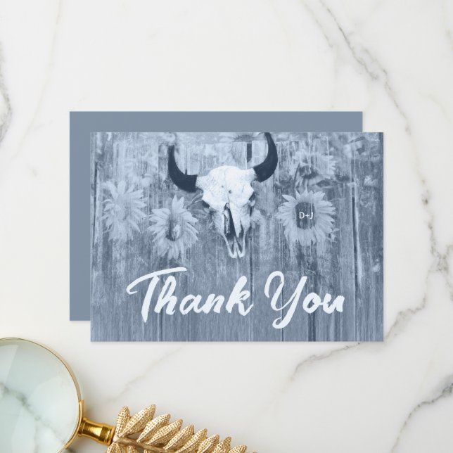 Rustic Dusty Blue Sunflowers Bull Skull Thank You Card (Front/Back In Situ)