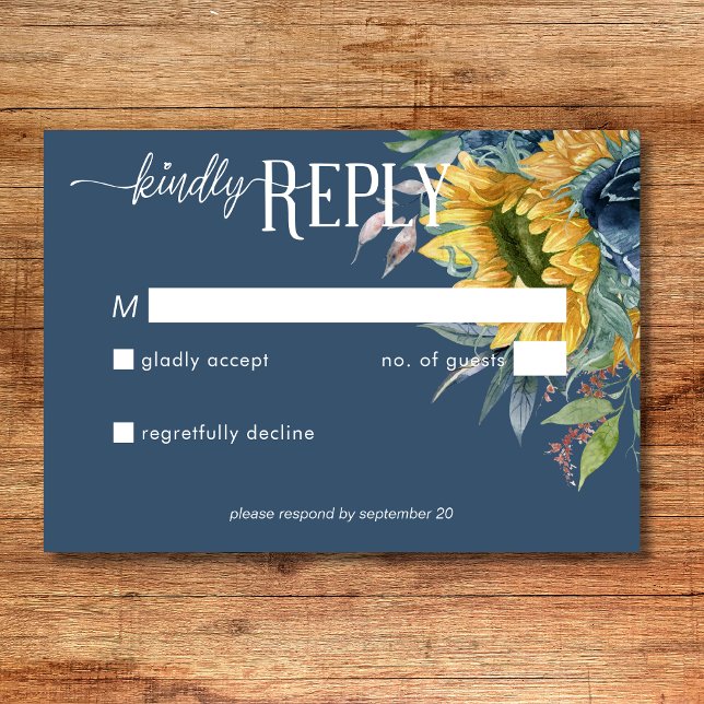Rustic Dusty Blue Sunflowers Wedding No Dinner RSVP Card (Creator Uploaded)