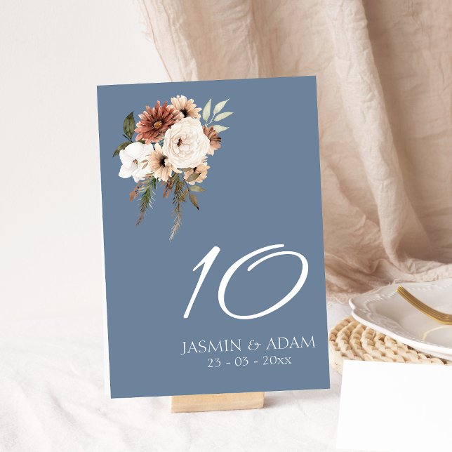 Rustic Dusty Blue Terracotta Floral Wedding Table Number (Elegant Dusty Blue Floral Wedding Table Number)