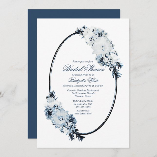Rustic Dusty Blue Watercolor Floral Bridal Shower Invitation (Front/Back)