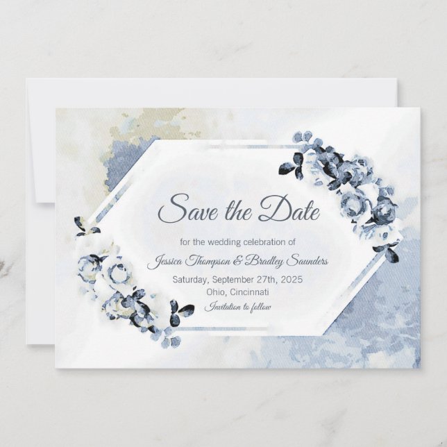 Rustic Dusty Blue Watercolor Floral Save The Date (Front)