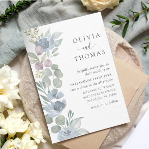 Rustic Dusty Blue Watercolor Floral Wedding Invitation