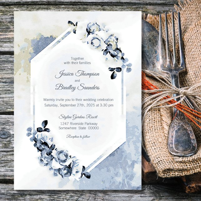Rustic Dusty Blue Watercolor Floral Wedding Invitation (Creator Uploaded)