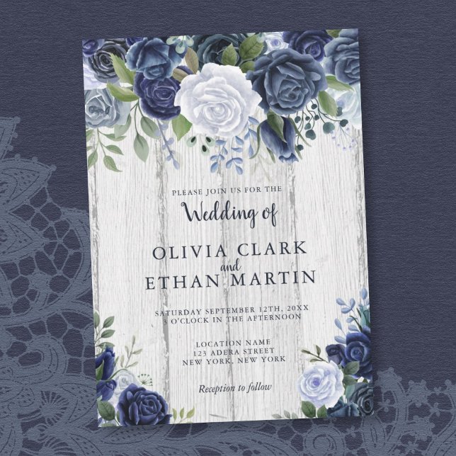 Rustic Dusty Blue Watercolor Floral Wood Invitation (Creator Uploaded)