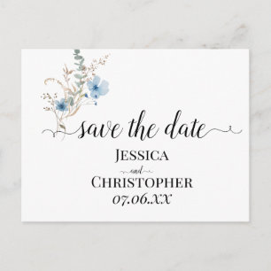 rustic dusty Blue watercolor flower bouquet Announcement Postcard