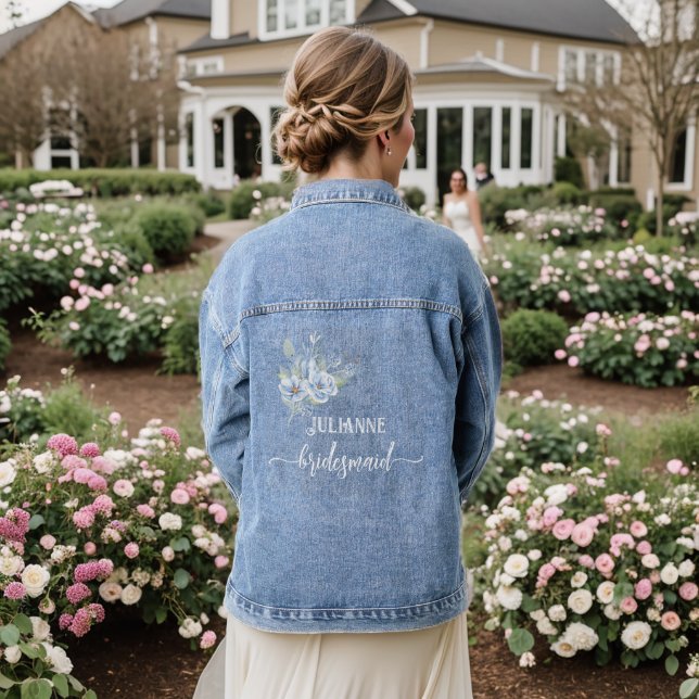 Rustic Dusty Blue Watercolor Flowers & Leaves Denim Jacket (Wedding Back)