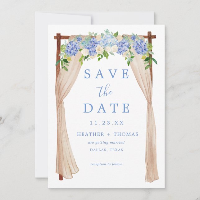 Rustic Dusty Blue Watercolor Hydrangea Save The Date (Front)