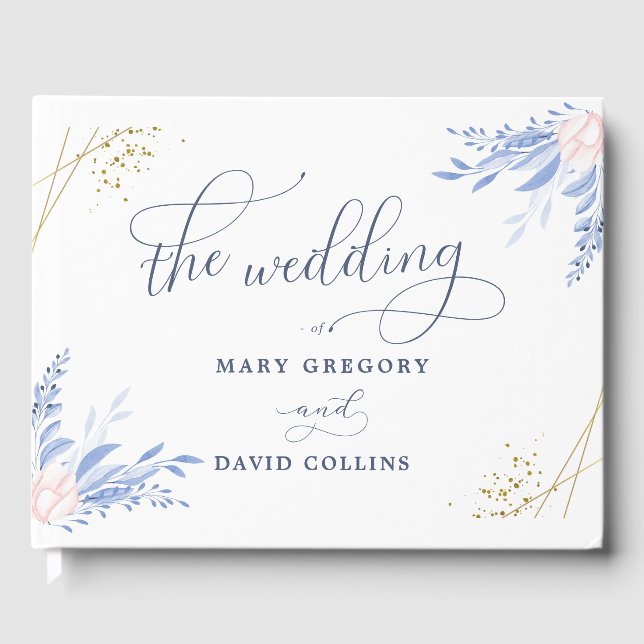 Rustic Dusty Blue Watercolor Leaves Gold Wedding Guest Book (Front)