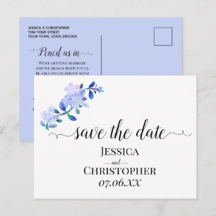 rustic dusty blue watercolor-style flower & leaves announcement postcard