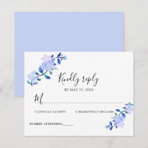 rustic dusty blue watercolor-style flower & leaves RSVP card