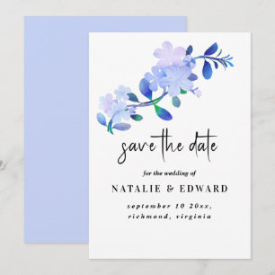 rustic dusty blue watercolor-style flower & leaves save the date