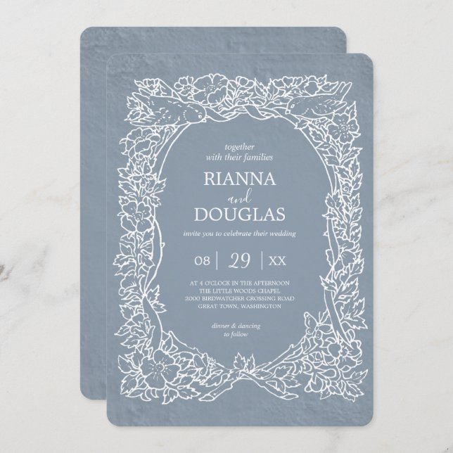 Rustic Dusty Blue & White Floral Bird Wedding  Invitation (Front/Back)