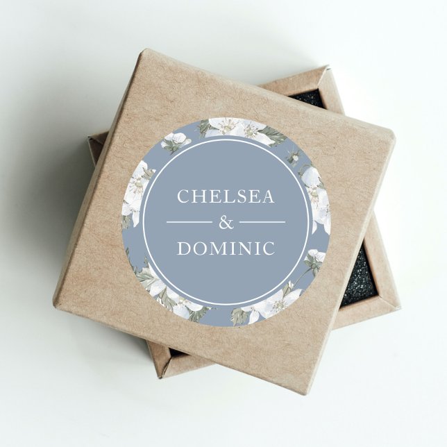Rustic Dusty Blue White Floral Wedding  Classic Round Sticker (Creator Uploaded)