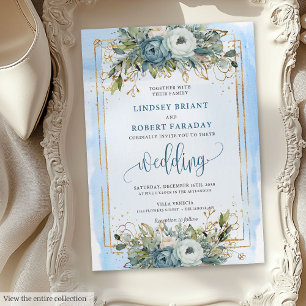 Rustic Dusty Blue White Gold Floral Wedding Invite