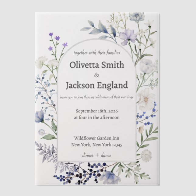 Rustic Dusty Blue Wild Flower Vellum Invitations (Front)