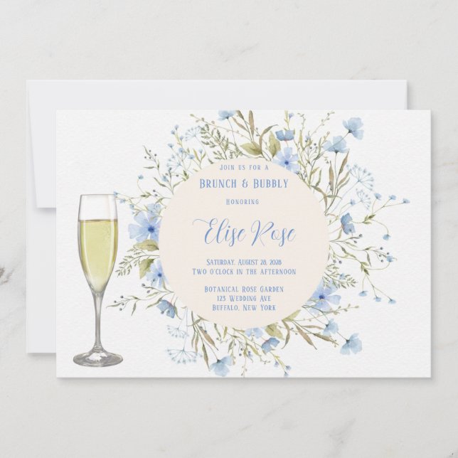 Rustic Dusty Blue Wildflowers Brunch & Bubbly Invitation (Front)