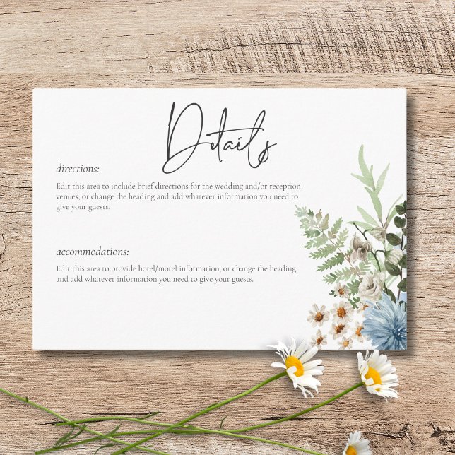 Rustic Dusty Blue Wildflowers & Daisies Details Enclosure Card (Rustic Dusty Blue Wildflowers & Daisies Details Enclosure Card)