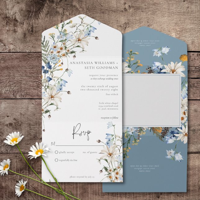 Rustic Dusty Blue Wildflowers & Daisies No Dinner All In One Invitation (Rustic Dusty Blue Wildflowers & Daisies All In One Wedding Invitation without Dinner Options)