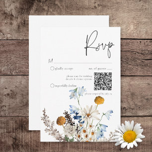 Rustic Dusty Blue Wildflowers & Daisies QR Code RSVP Card