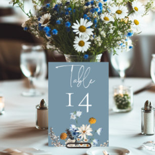 Rustic Dusty Blue Wildflowers & Daisies Shower Table Number