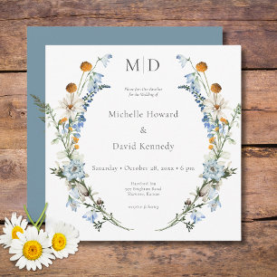 Rustic Dusty Blue Wildflowers & Daisies Square Invitation