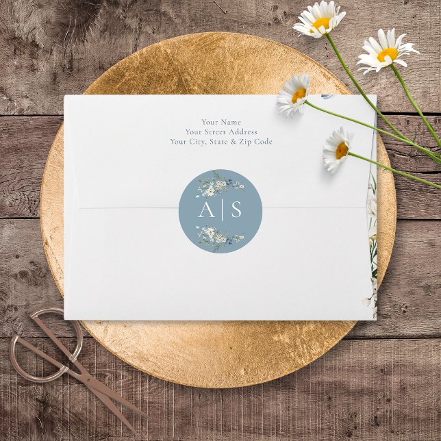 Rustic Dusty Blue Wildflowers & Daisies Wedding Classic Round Sticker (Rustic Dusty Blue Wildflowers & Daisies Wedding Invitation Stickers)