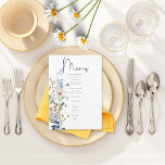 Rustic Dusty Blue Wildflowers & Daisies Wedding Menu<br><div class="desc">Discover the epitome of rustic elegance with our rustic wedding menu, where timeless beauty meets nature's delicate grace. Against a pristine white backdrop, a hand-painted watercolor bouquet emerges, showcasing a harmonious blend of dusty blue and soft yellow wildflowers, alongside the purity of white daisies and roses. As if plucked straight...</div>