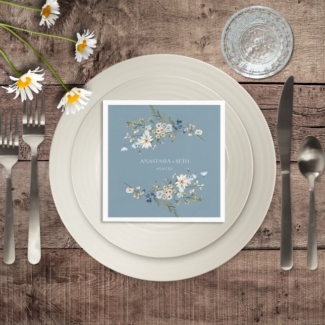 Rustic Dusty Blue Wildflowers & Daisies Wedding Napkin (Rustic Dusty Blue Wildflowers & Daisies Wedding Cocktail Napkin)