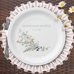 Rustic Dusty Blue Wildflowers & Daisies Wedding Paper Plate