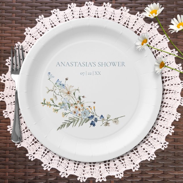 Rustic Dusty Blue Wildflowers & Daisies Wedding Paper Plate (Creator Uploaded)