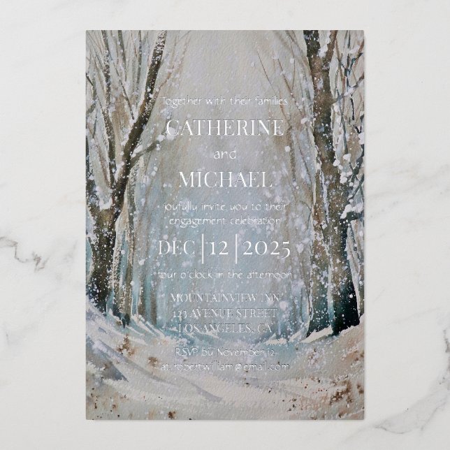 Rustic Dusty Blue Winter Forest Watercolor Wedding (Front)